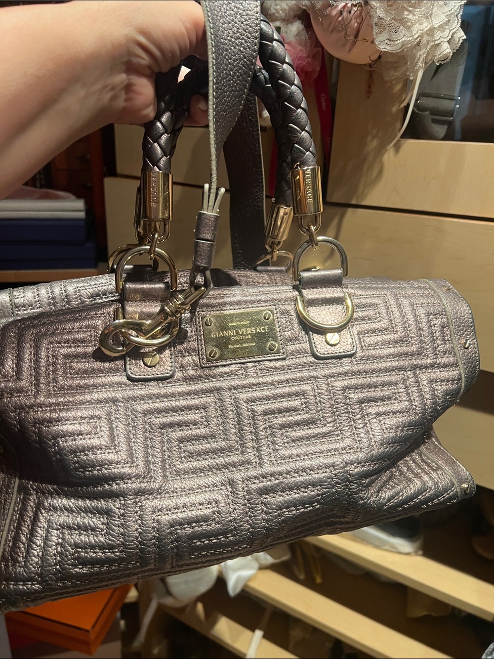 Versace Metallic Silver Quilted Satchel with Braided Handles